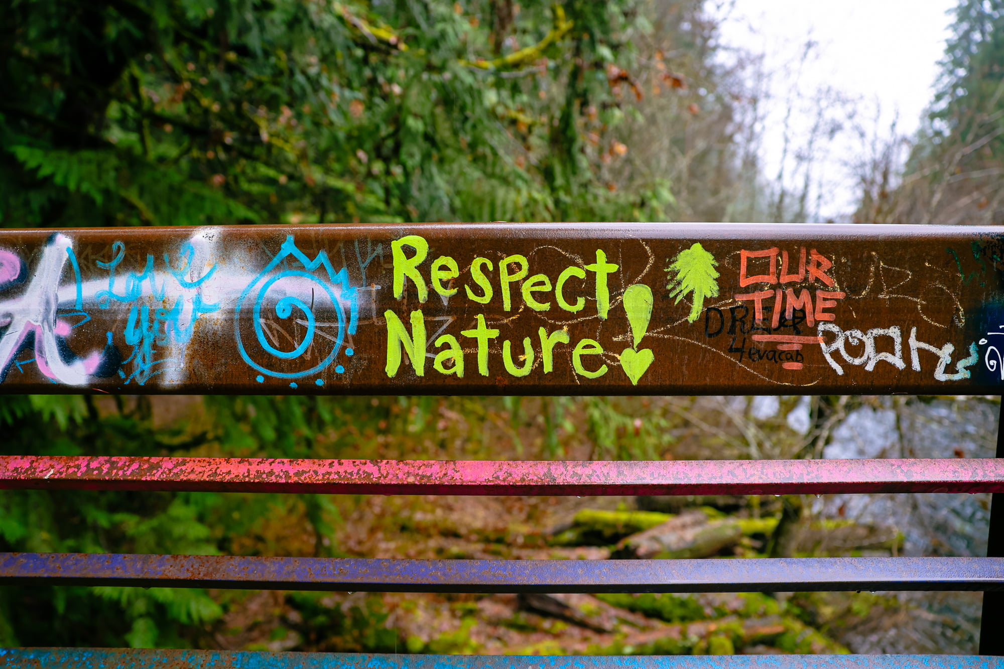 RESPECT NATURE graffiti along the rainbow bridge to Umpqua Hot springs in oregon
