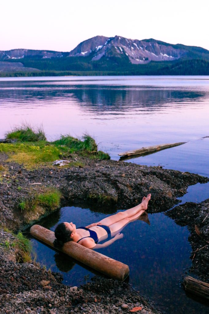 Relaxing at paulina lake hot springs at Newberry National Monument in Bend, Oregon