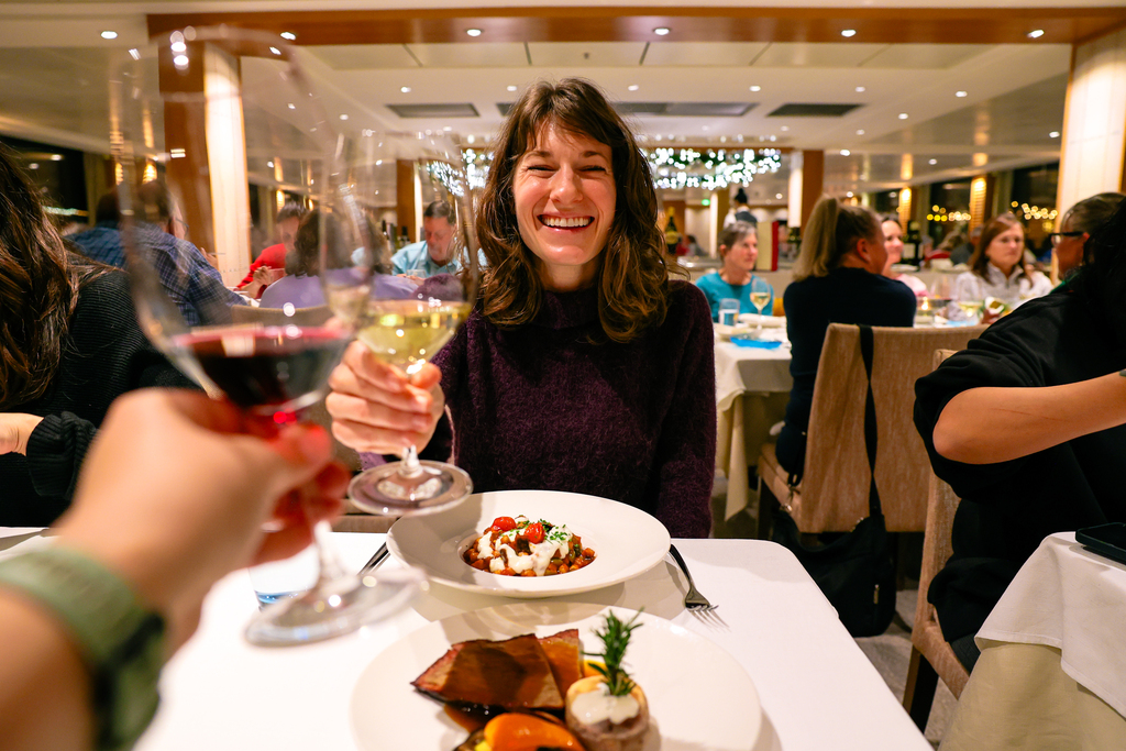 Enjoying dinner on a viking river cruise. This was a Christmas river cruise on the Rhine.