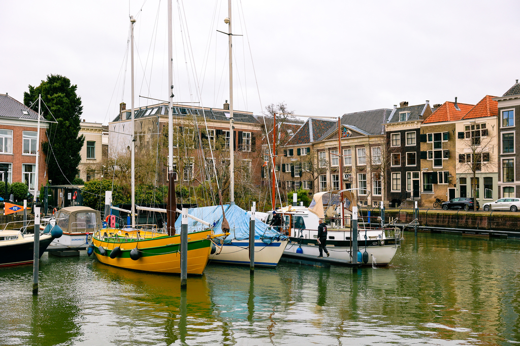 Canals and boats in Dordrecht in the Netherlands. 