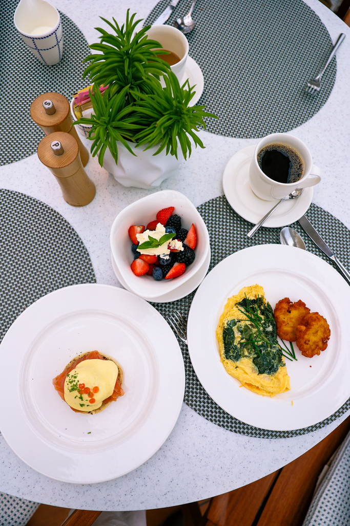 Breakfast of an omelet and eggs Benedict on a viking river cruise. This was a Christmas river cruise on the Rhine.
