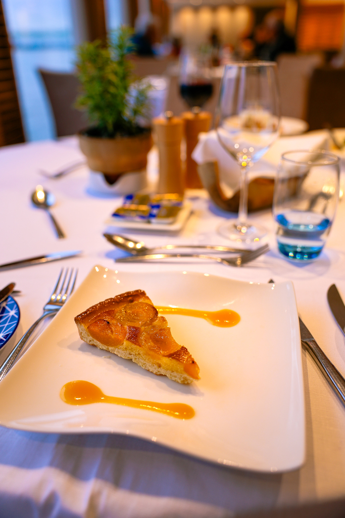 Apricot tart for desert on a viking river cruise. This was a Christmas river cruise on the Rhine.