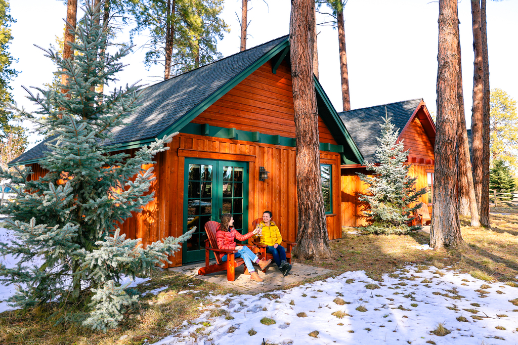 Sitting outside a cabin at fivepine lodge in Sistsers, Oregon near Bend