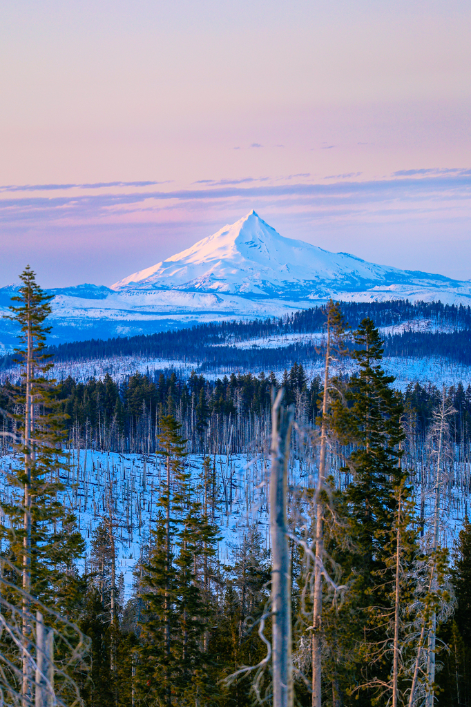 Mt Jefferson in Bend at sunset in the winter with snow