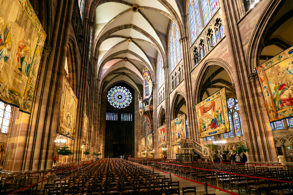 The inside of the Notre-Dame cathedral in Strasbourg, France at Christmas
