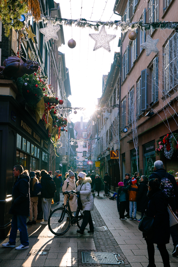 busy street in Strasbourg, France at Christmas