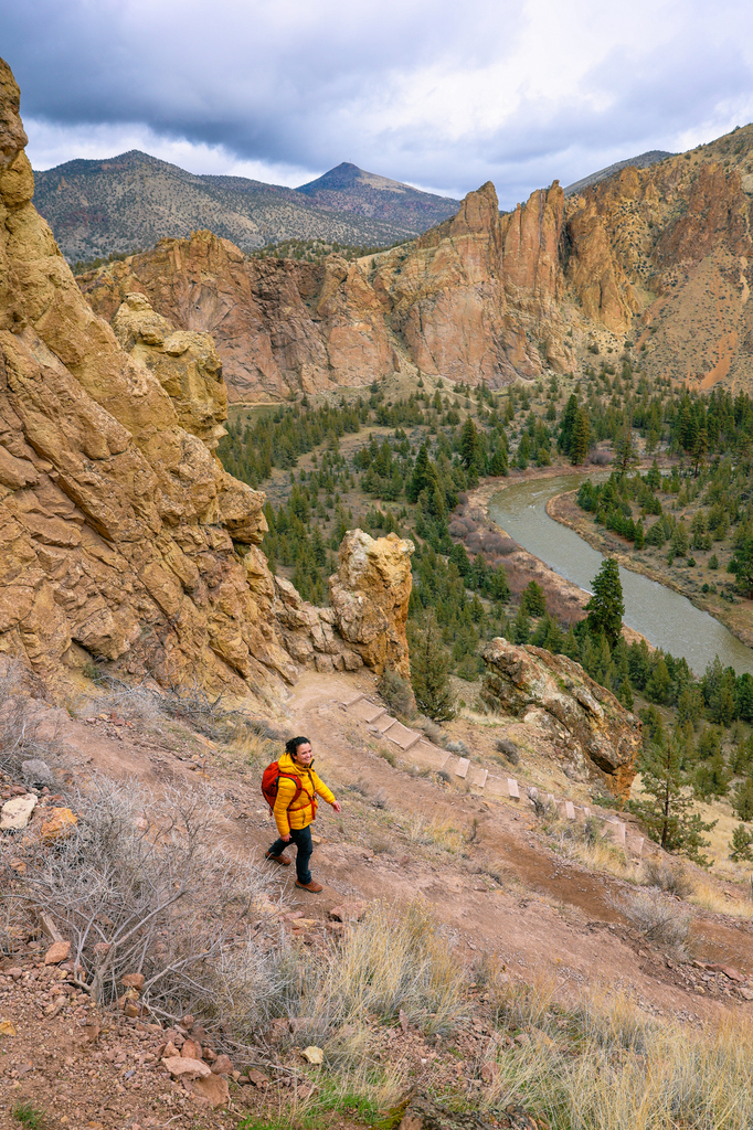Hiking at Smith Rock State Park in winter near Bend Oregon