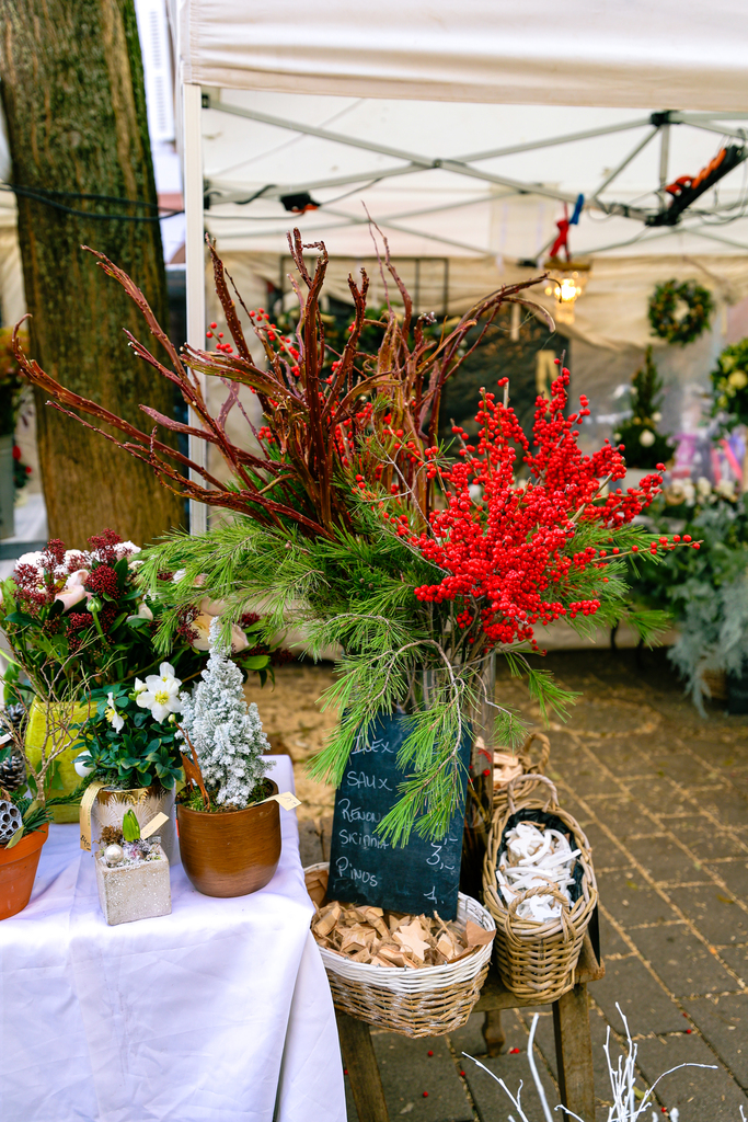 Flowers for sale at a christmas market in Strasbourg, France at Christmas