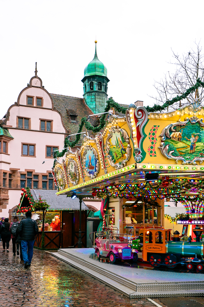 Festive Christmas markets of Freiburg Germany in the rain