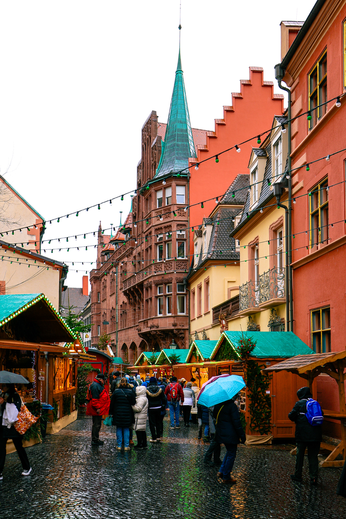 Festive Christmas markets of Freiburg Germany in the rain