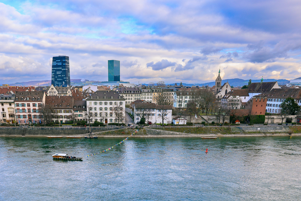 The river ferry in basel switzerland crossing the rhine on a winter day