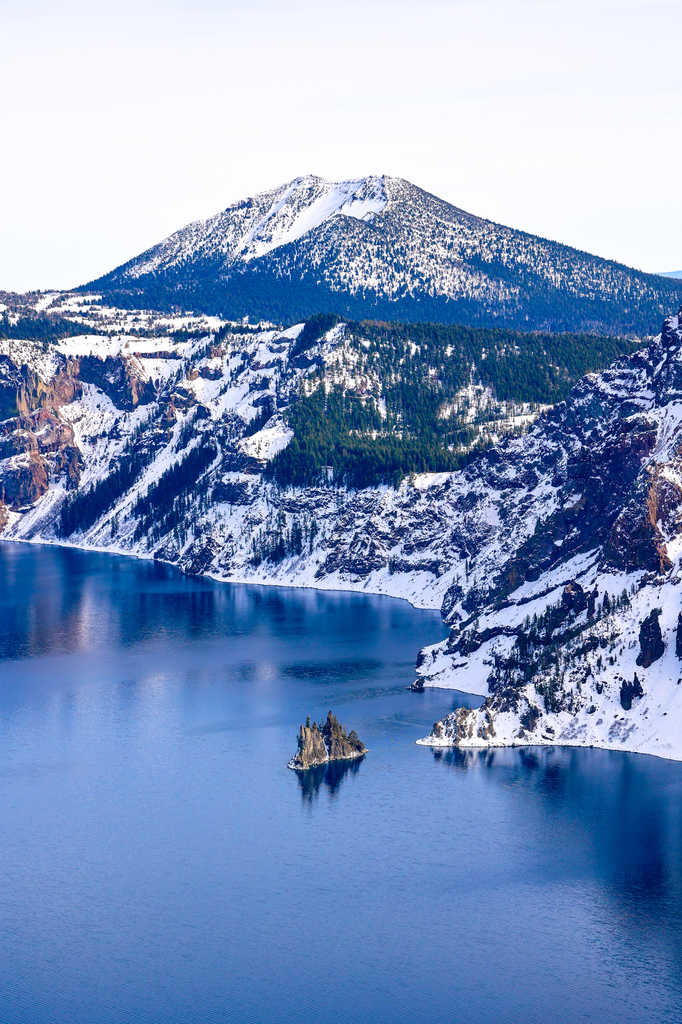 The view of phantom ship at crater lake in winter. Visiting crater Lake National Park in winter.