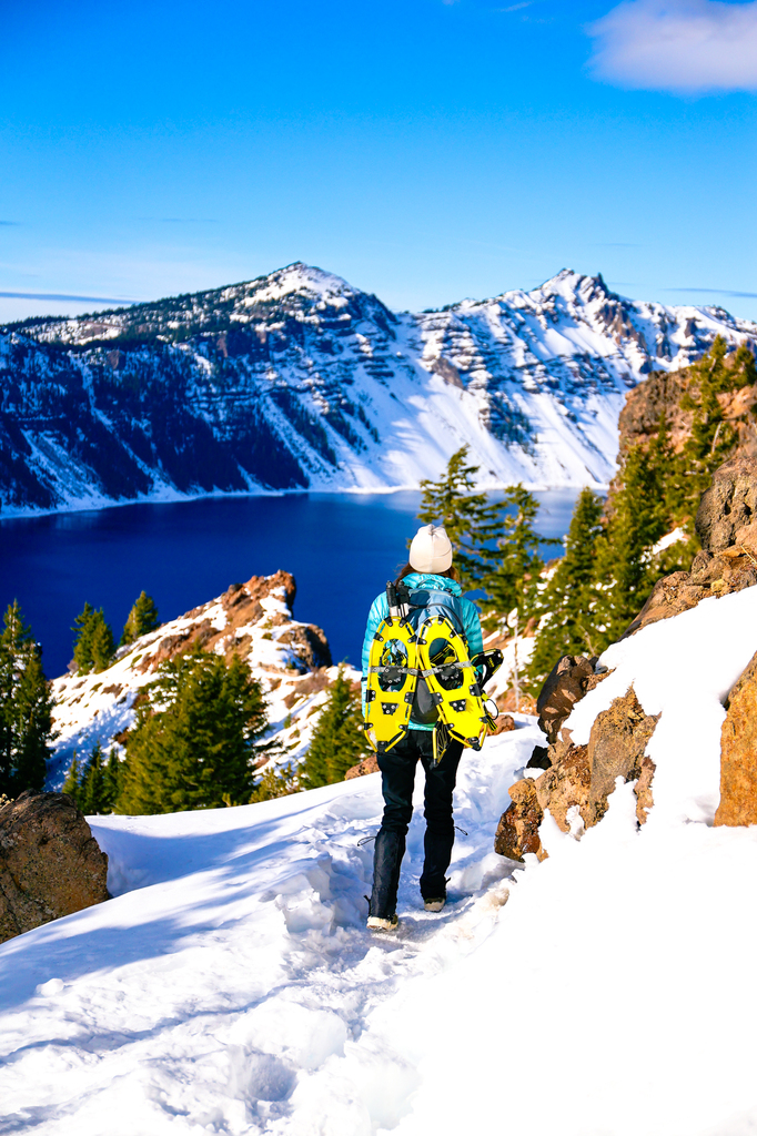 Hiking up Garfield Peak at crater lake in winter. Visiting crater Lake National Park in winter.