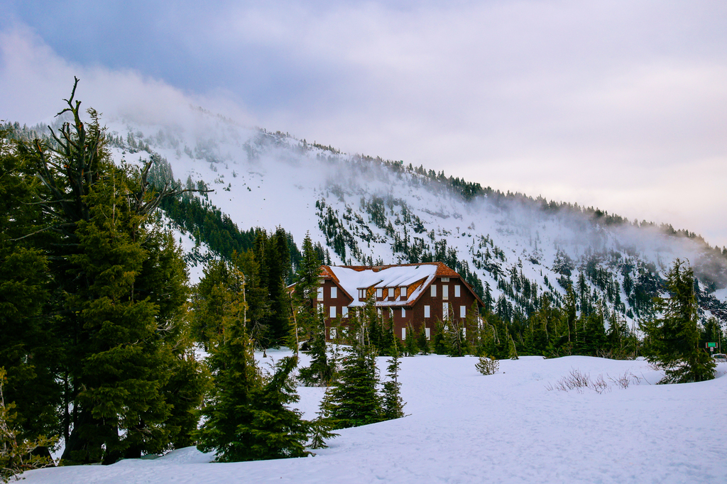 Crater lake lodge in winter in the snow. Visiting crater Lake National Park in winter.