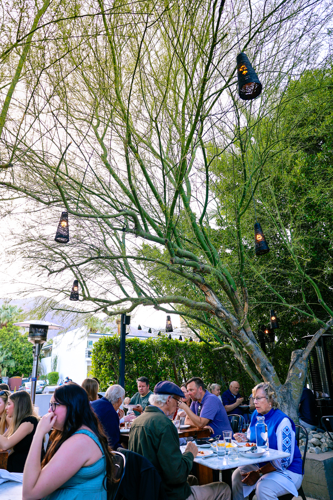 The outdoor patio at Birba in Palm Springs, California