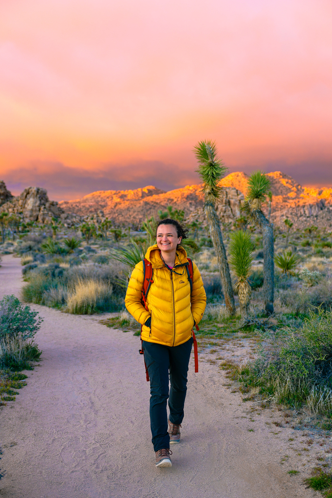 Hiking along the boy scout trail in Joshua tree national park during a pink sunrise