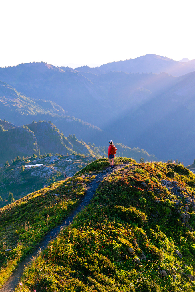Woman on top of yellow aster butte in washington