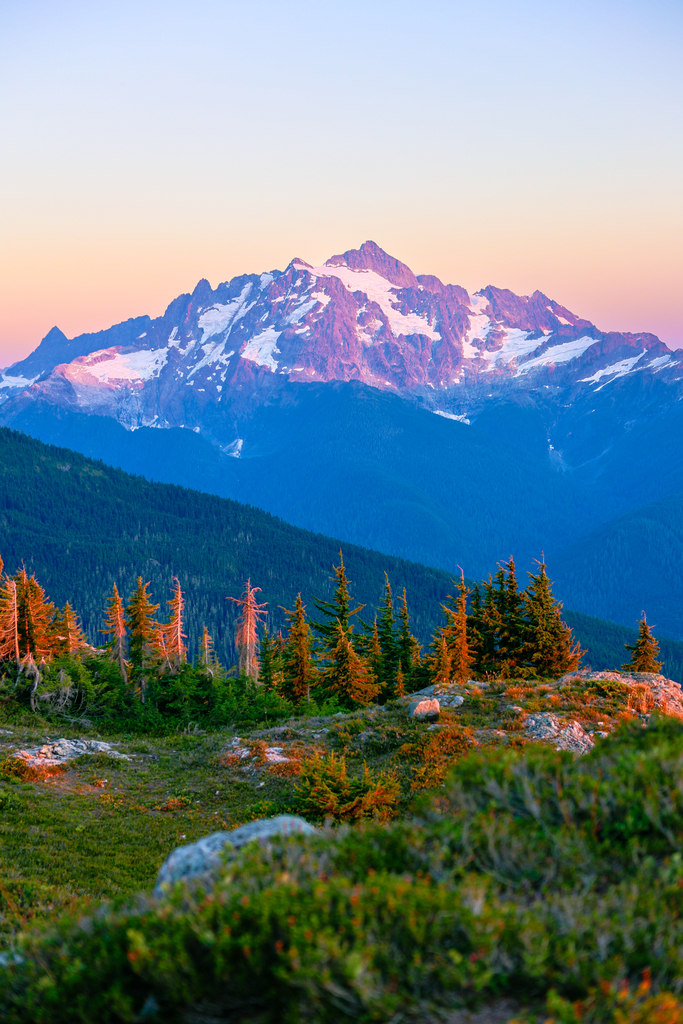 Mount Shuksan at sunset as seen from the yellow aster butte trail in Washington in the pacific Northwest cascade mountain range