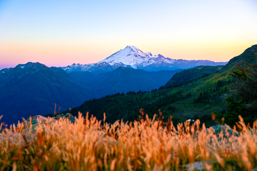 Mount Baker at sunset as seen from the yellow aster butte trail in washington