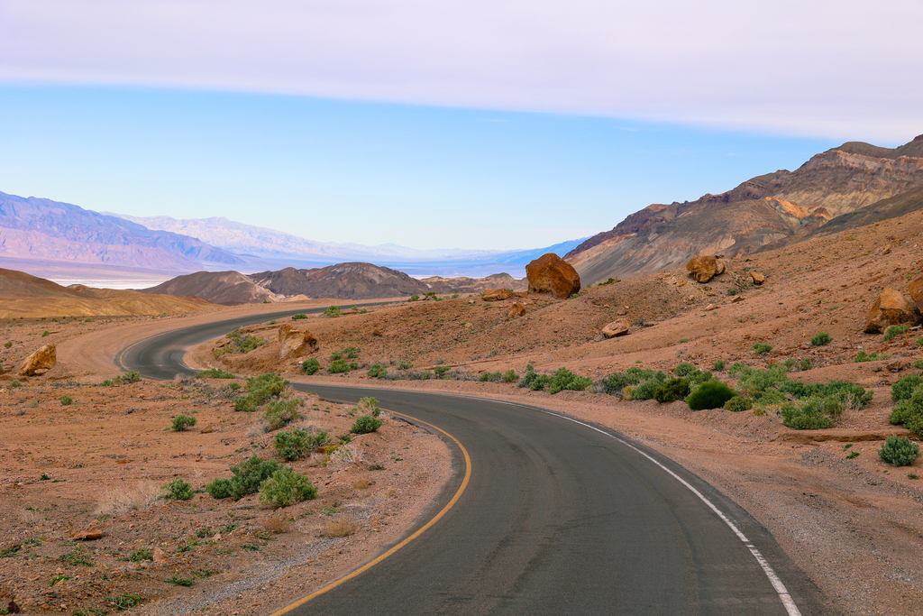 The road along the Artists Drive scenic loop in Death Valley National Park in California. 