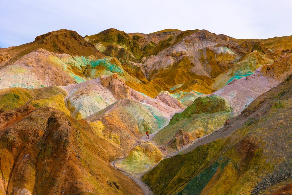 The iconic artists palate at sunrise in Death Valley national park. This unique area features natural, colorful displays of rock and sand.
