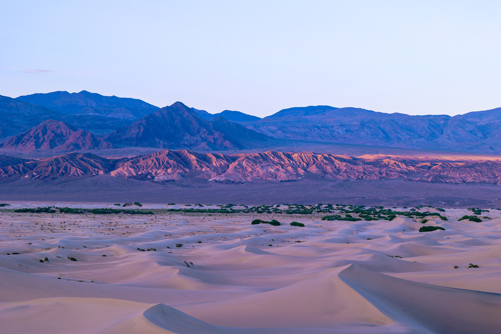 Mesquite flat sand dunes at sunset inn Death Valley National Park in California
