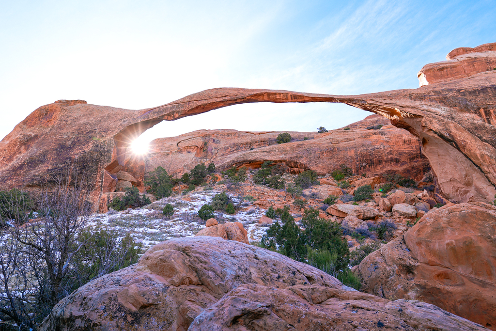 The delicate landscape arch in arches national park. This is the longest rock arch in north America.