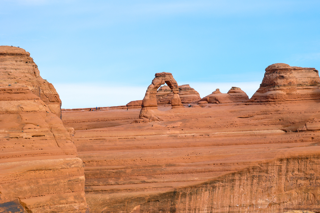 Delicate arch as seen from the Upper Delicate Arch Viewpoint in Arches National Park. Shot with a 70-200mm zoom lens.