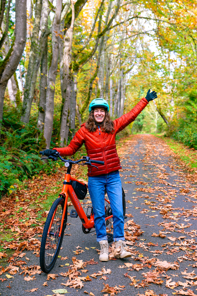 Woman wearing an REI Magma 850 Down Jacket for fall adventures in Port Angeles, Washington