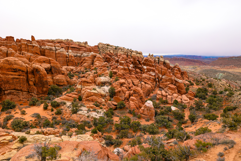 Fiery furnace overlook in Arches national park. Pictured on a cloudy day.
