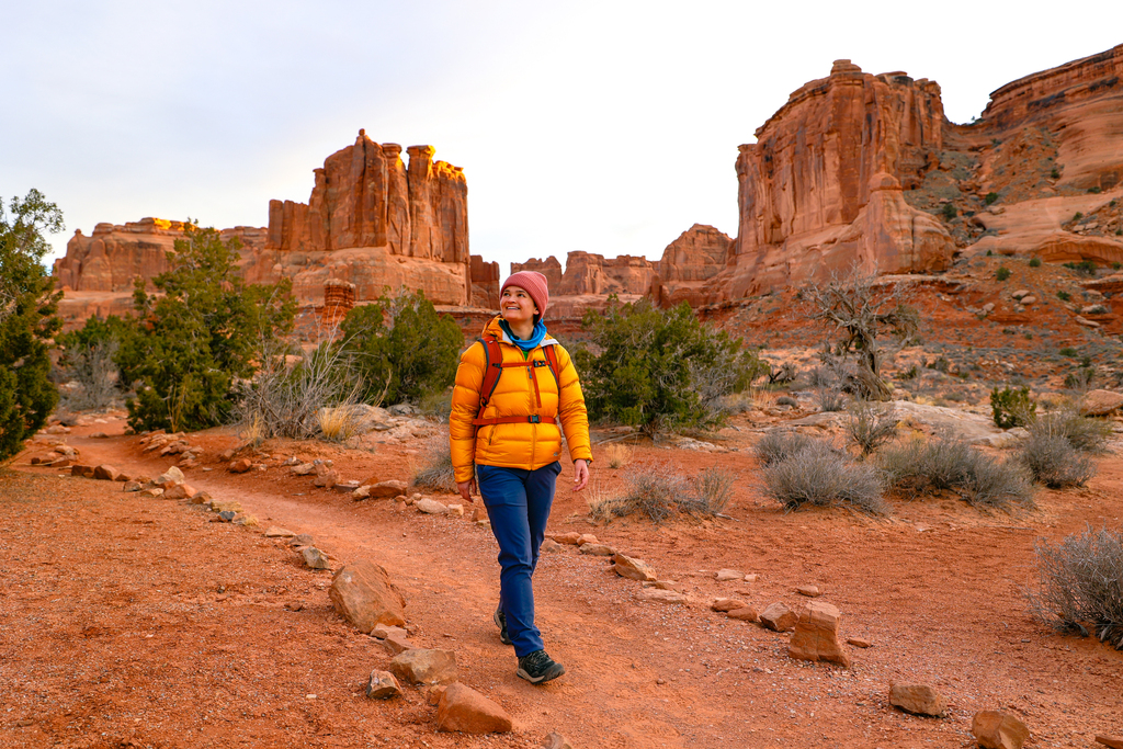 Hiking along the park avenue trail in Arches National Park