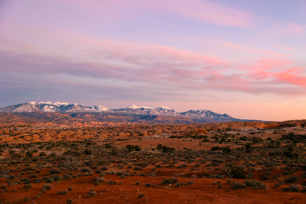 Winter sunset at petrified dunes overlook in arches national park in utah