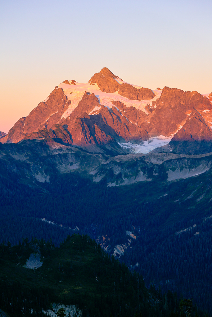 Mount Shuksan at sunset as seen from the ptarmigan ridge trial near mount baker