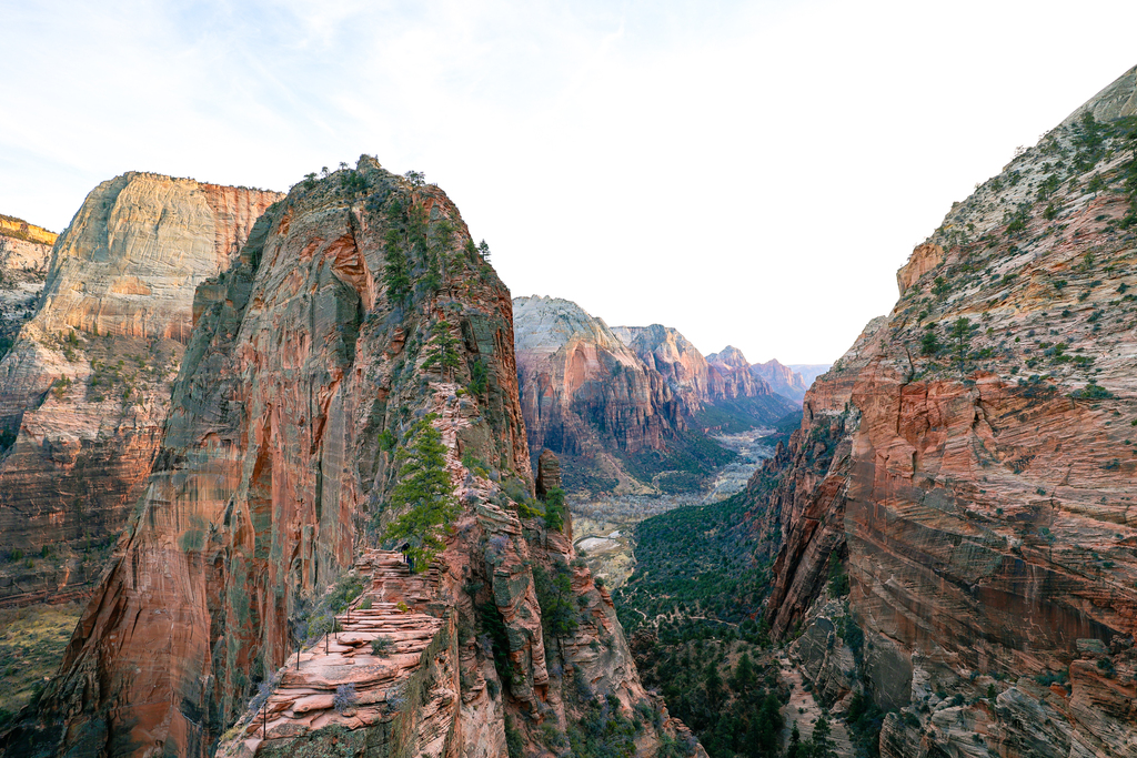 The final ascent to Angels landing with Zion canyon in the background in zion national park