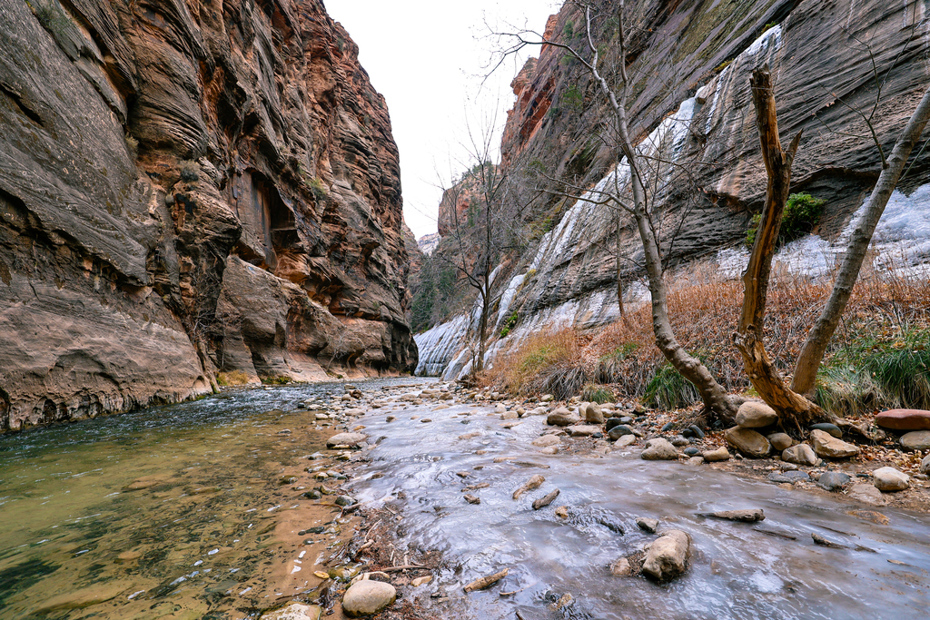 Ice on the shore when hiking the narrows in zion in winter