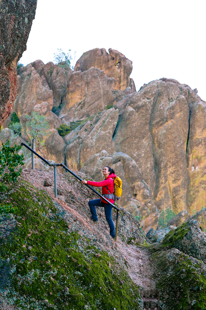 Woman hiking the high peaks trail at Pinnacles national park