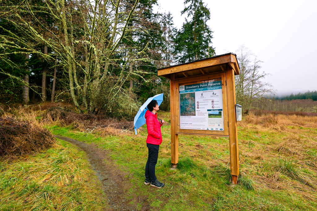 Hiking in the rain at Strawberry Point Preserve on Whidbey Island