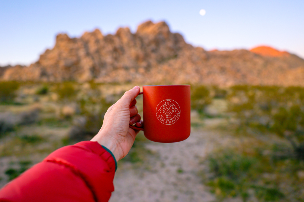Backpacking mug with coffee in Joshua Tree