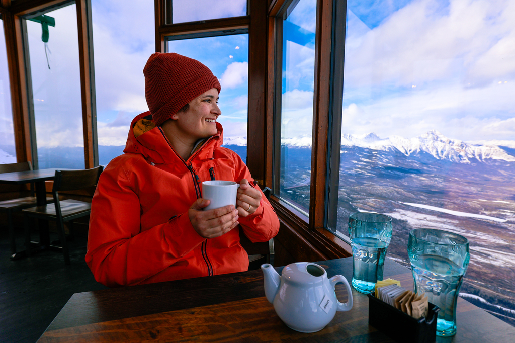 Enjoying tea at the cafe on top of the Jasper SkyTram