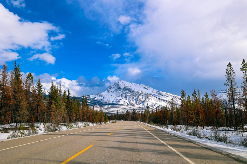 Driving the ice fields parkway in winter in Canada Jasper