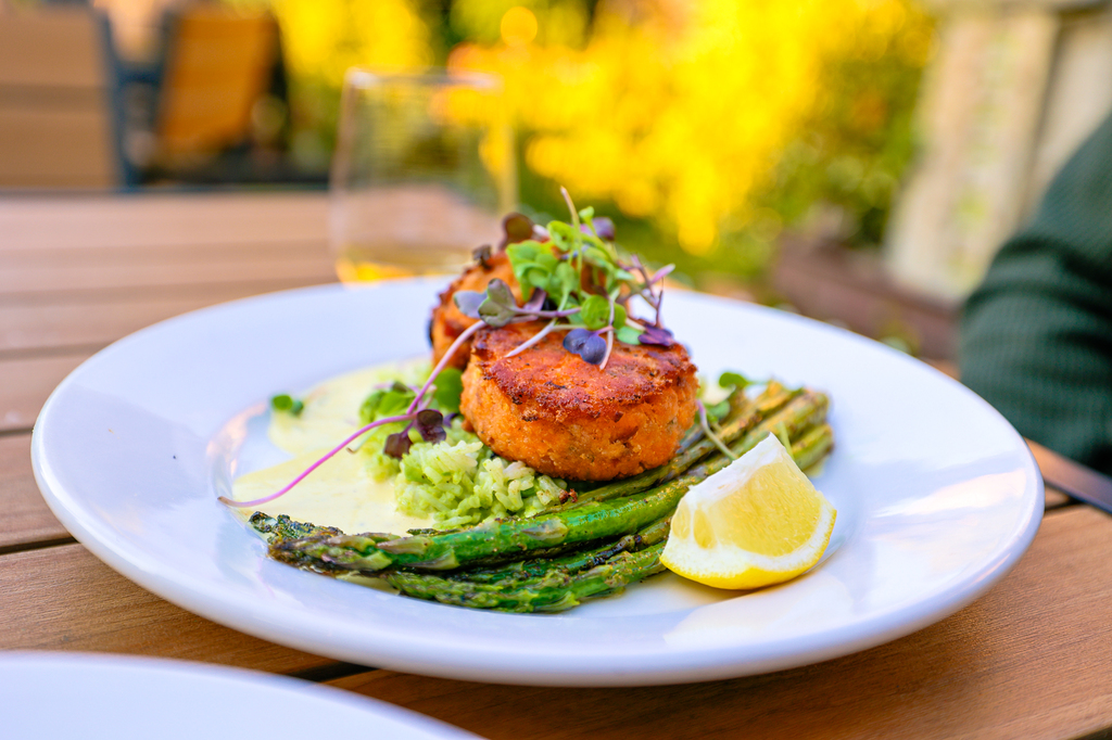 Salmon cakes at Offshore Grill in downtown Manzanita Oregon