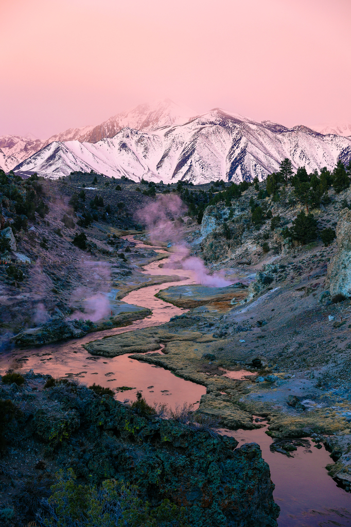 Hot creek geological site at sunrise in spring