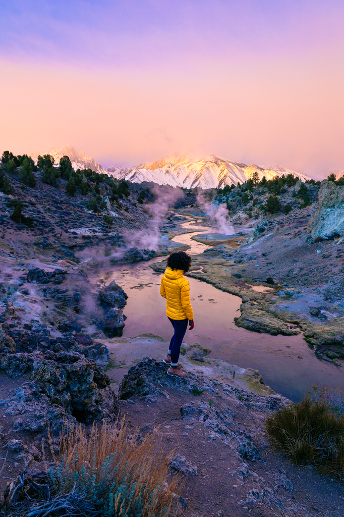 Hot creek geological site at sunrise pink