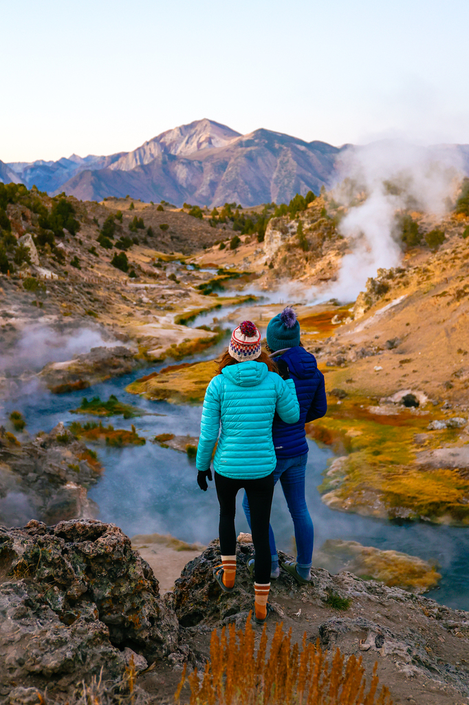 Hot creek geological site at sunrise in fall